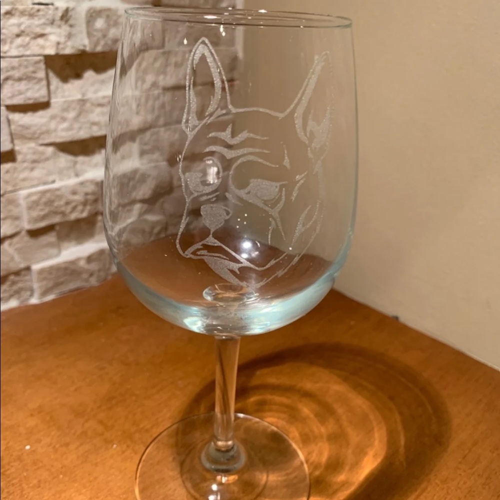 Set of two etched French bulldog wine glasses